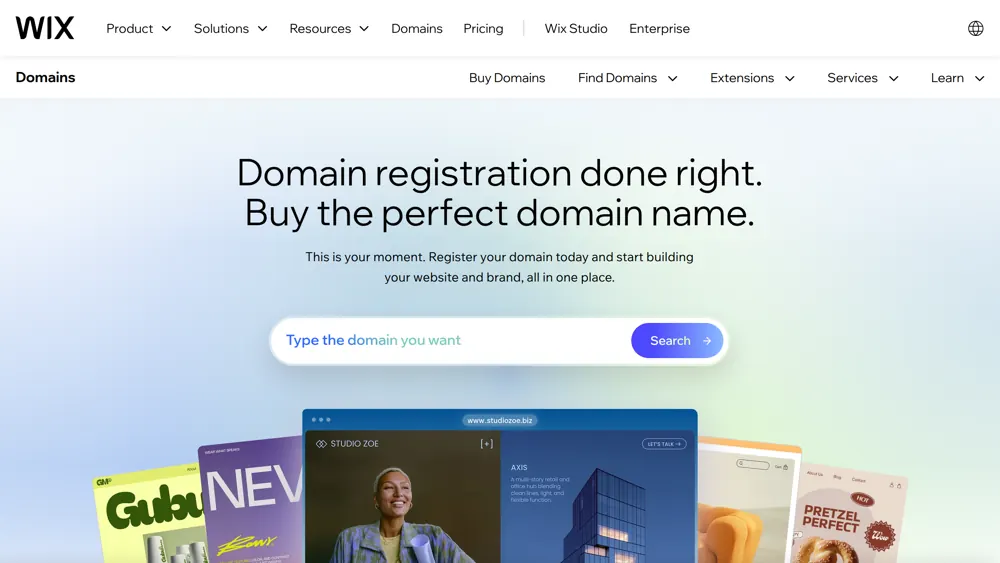 The Wix domain registration page