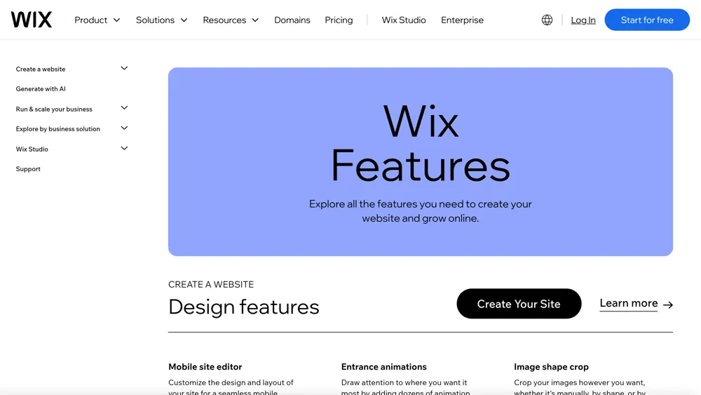 The Wix features page
