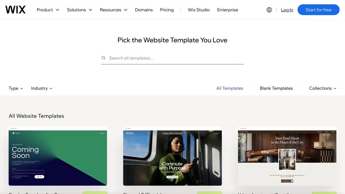 The Wix template gallery