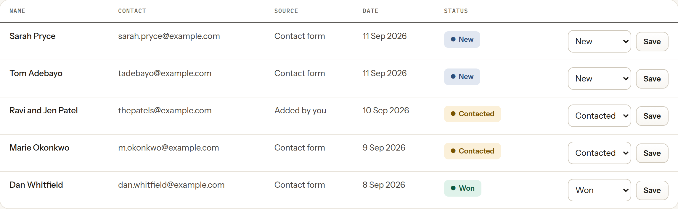 The leads inbox in the My Webby portal, listing five enquiries with the customer's name, contact, where it came from, the date and a status of New, Contacted or Won, each with a status select and a Save button.