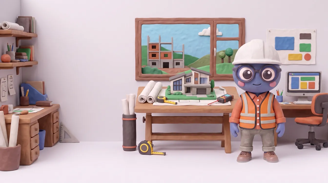 Webby standing proud in a white hard hat and hi-vis vest in an architect's studio, with a drafting table, a clay house model, rolled plans, a tape measure and a half-built building outside the window.