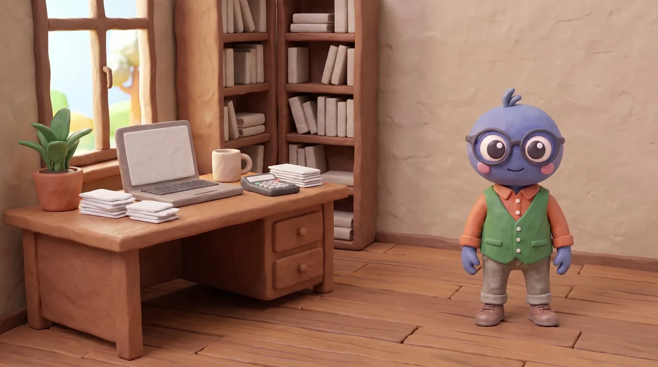 Webby standing proud in rolled-up sleeves and a green waistcoat in a home office, with a wooden desk, a laptop, a calculator, a mug, neat piles of paper, a plant and a bookshelf by a window.