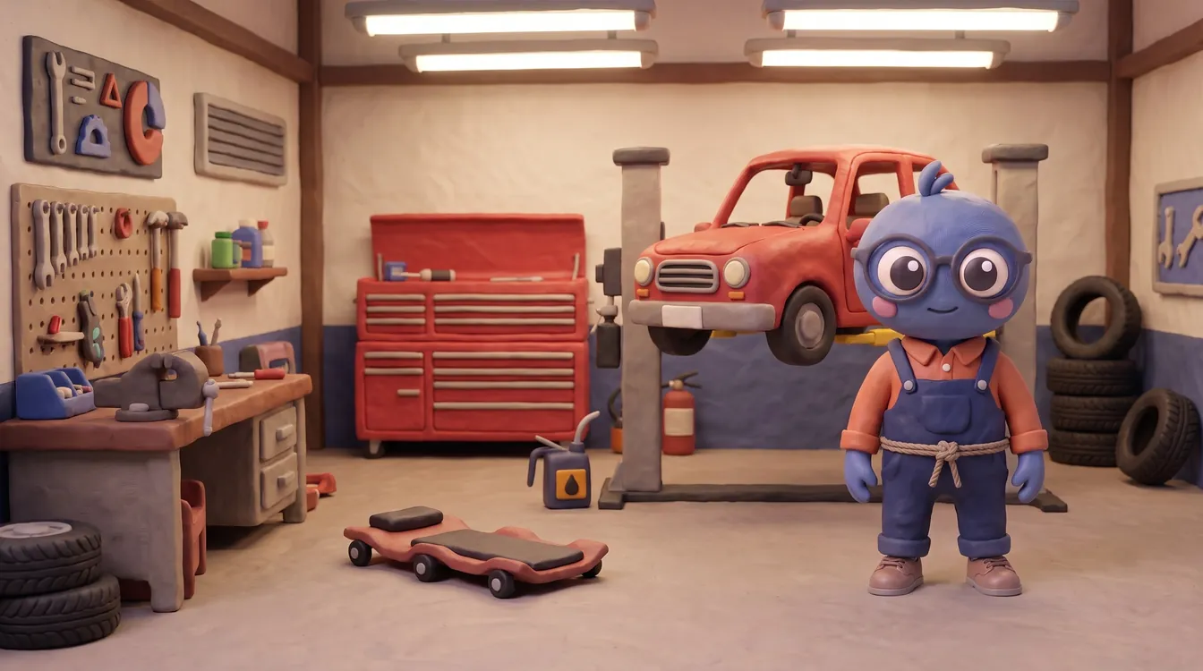 Webby standing proud in navy overalls in a garage workshop, with a red car on a lift, a red tool chest, stacked tyres, an oil can and a tidy workbench.