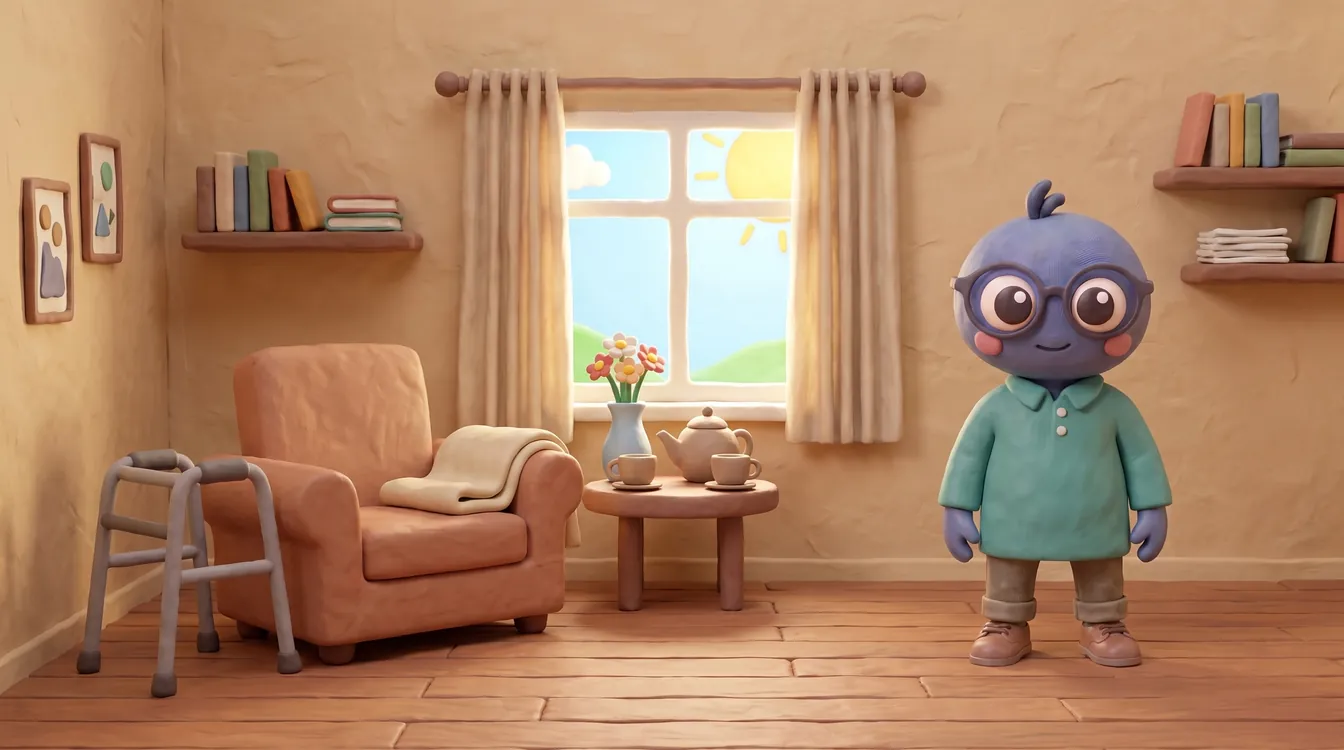 Webby standing proud in a teal polo tunic in a warm living room, with an armchair and blanket, a tea tray, flowers, a walking frame and a bright window.