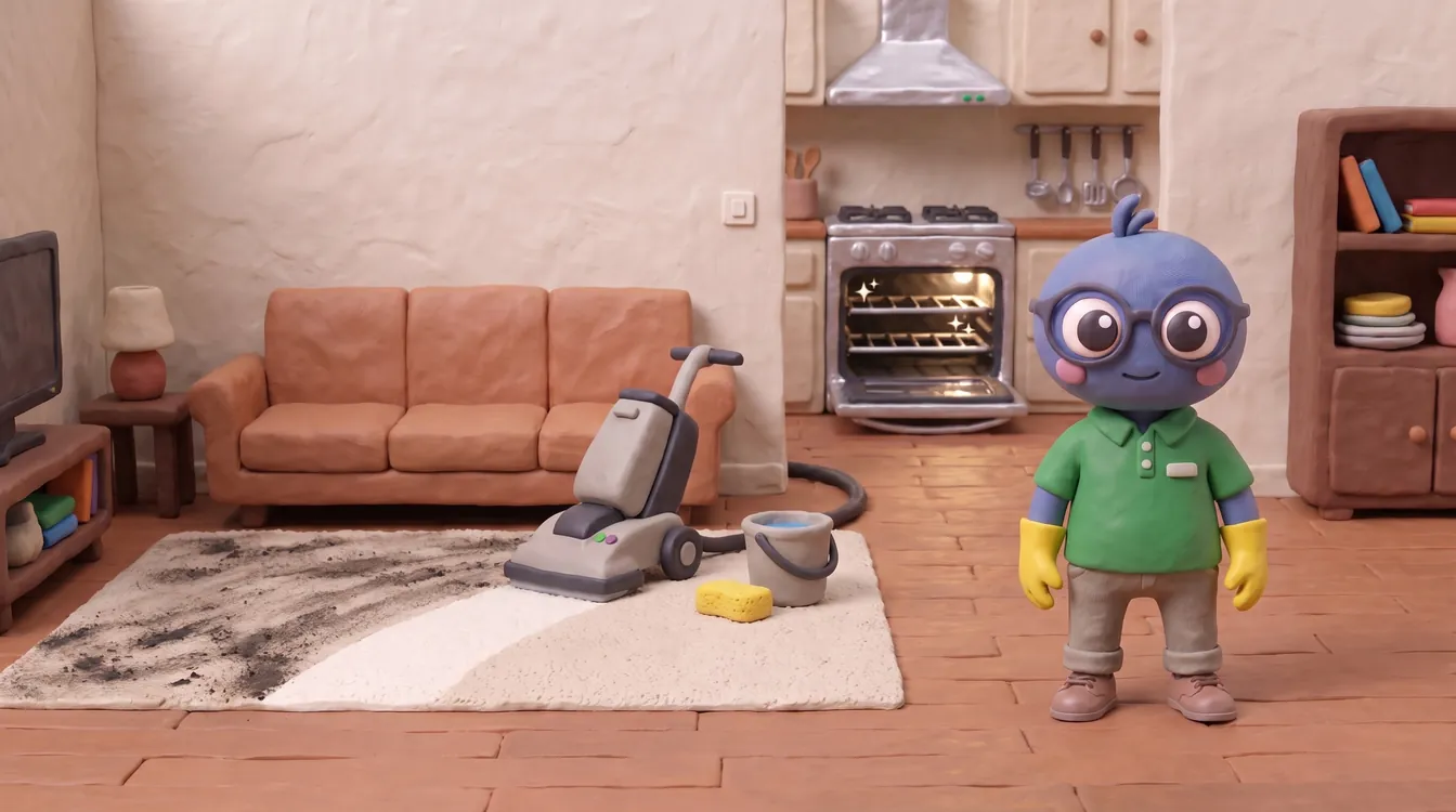 Webby standing proud in a green polo and yellow gloves in a living room, with a carpet half cleaned in stripes, a cleaning machine, a bucket and sponge and a gleaming oven beyond.
