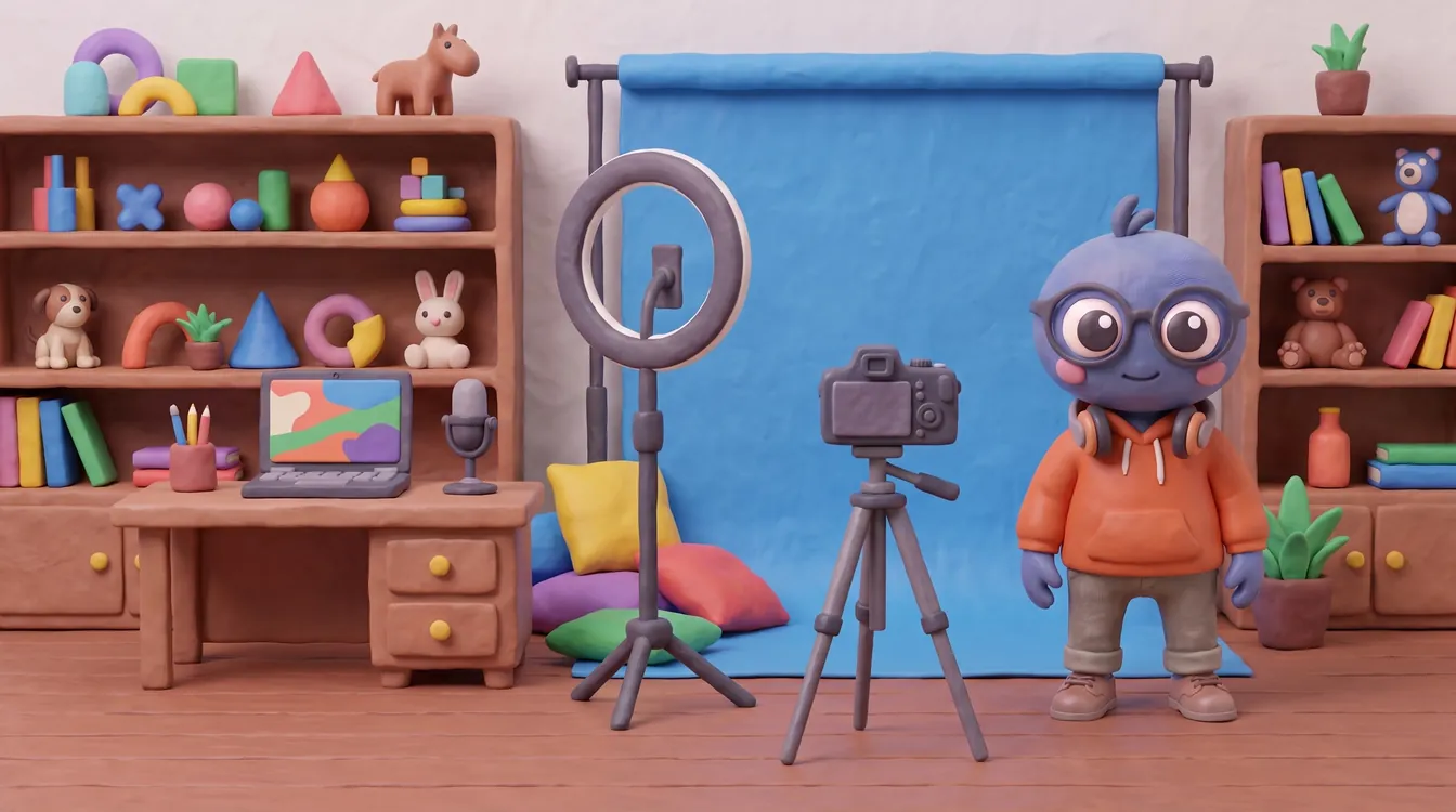 Webby standing proud in an orange hoodie with headphones round his neck in a content studio, with a plain blue backdrop, a ring light, a camera on a tripod, a desk with a laptop and microphone and grey cushions.
