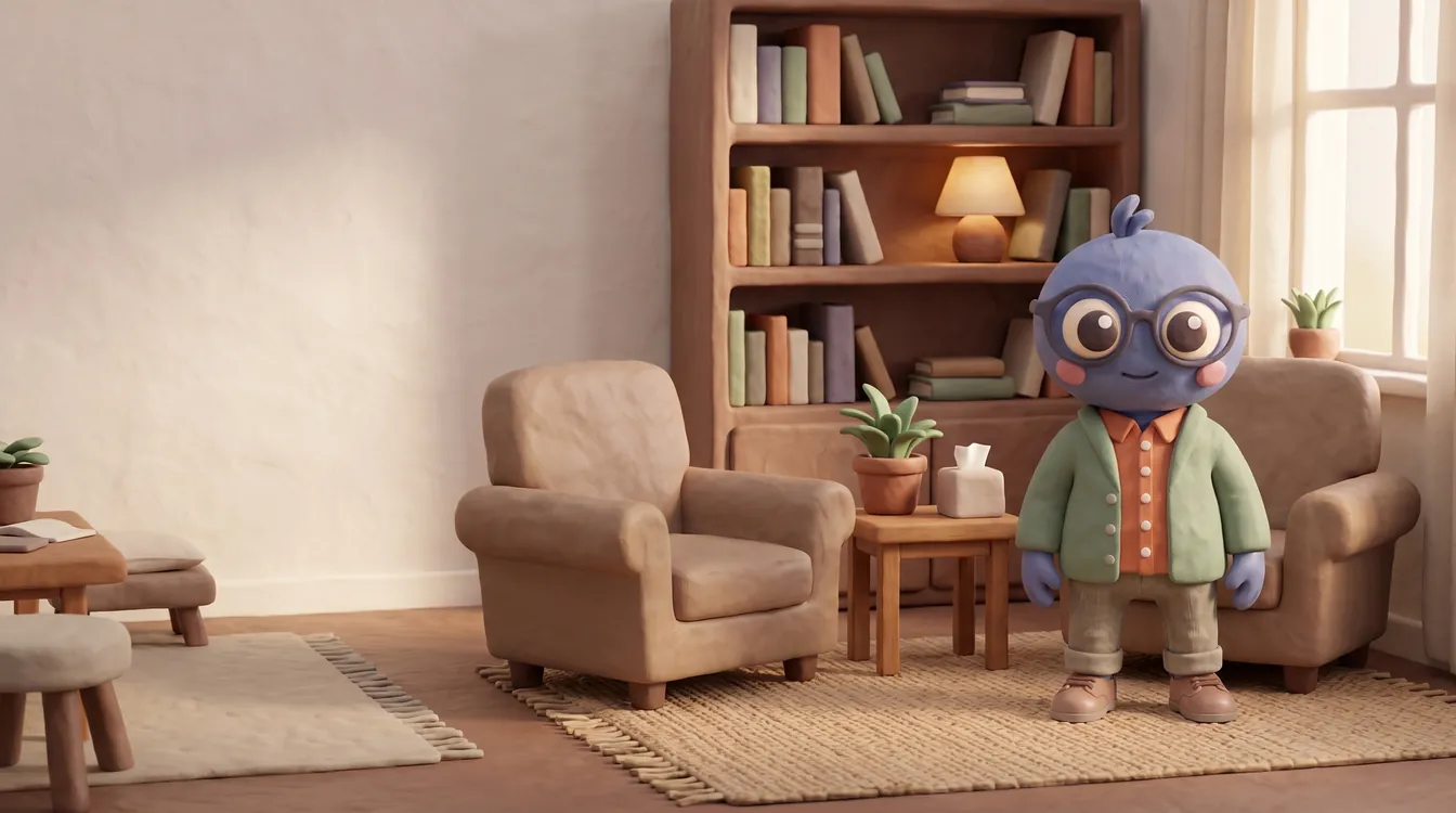 Webby standing proud in a sage cardigan in a calm counselling room, with two armchairs, a side table with a plant and tissues, a rug, a bookshelf and soft window light.