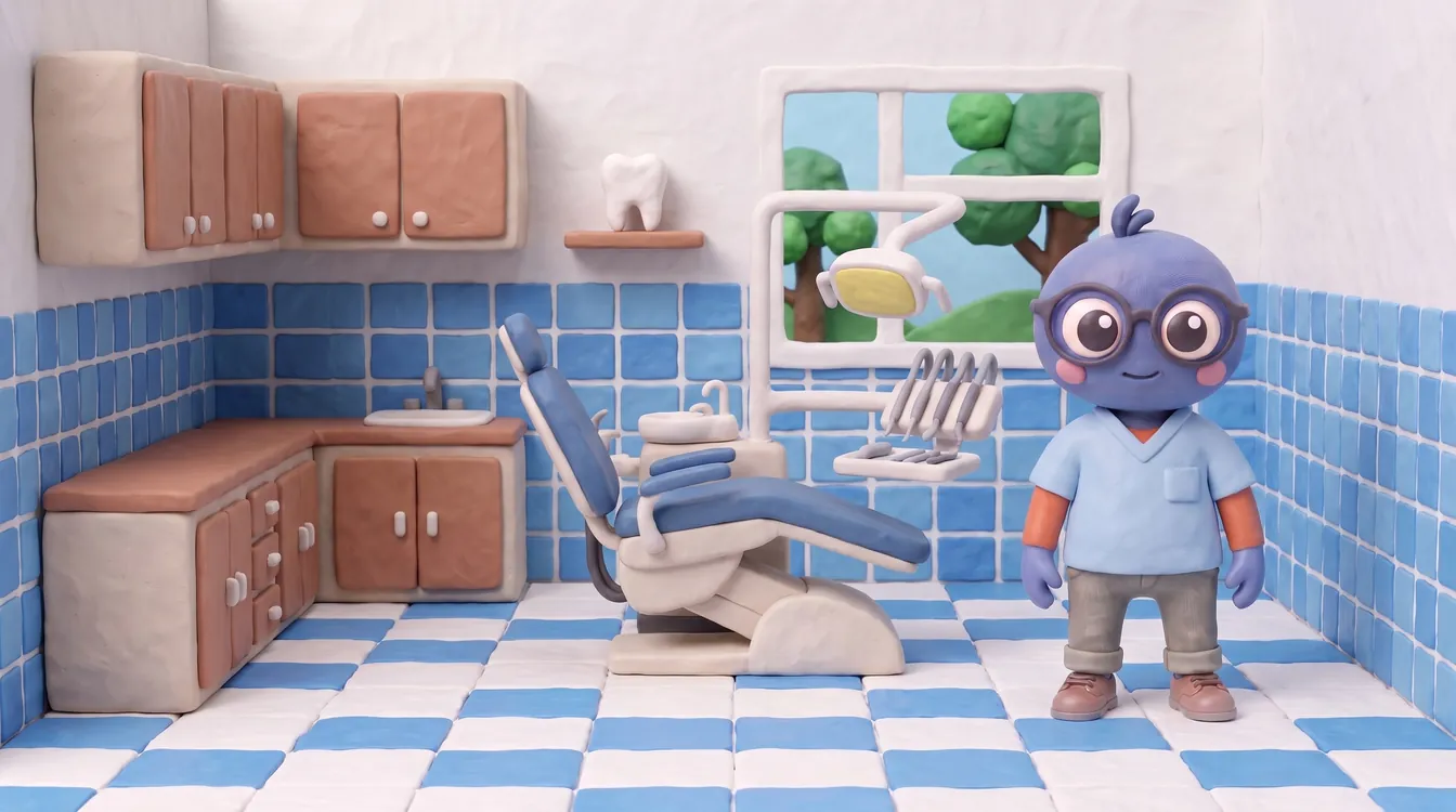 Webby standing proud in pale blue scrubs in a friendly dentist's surgery, with a dental chair and light, a tray of tools, a tooth model and blue and white tiles.