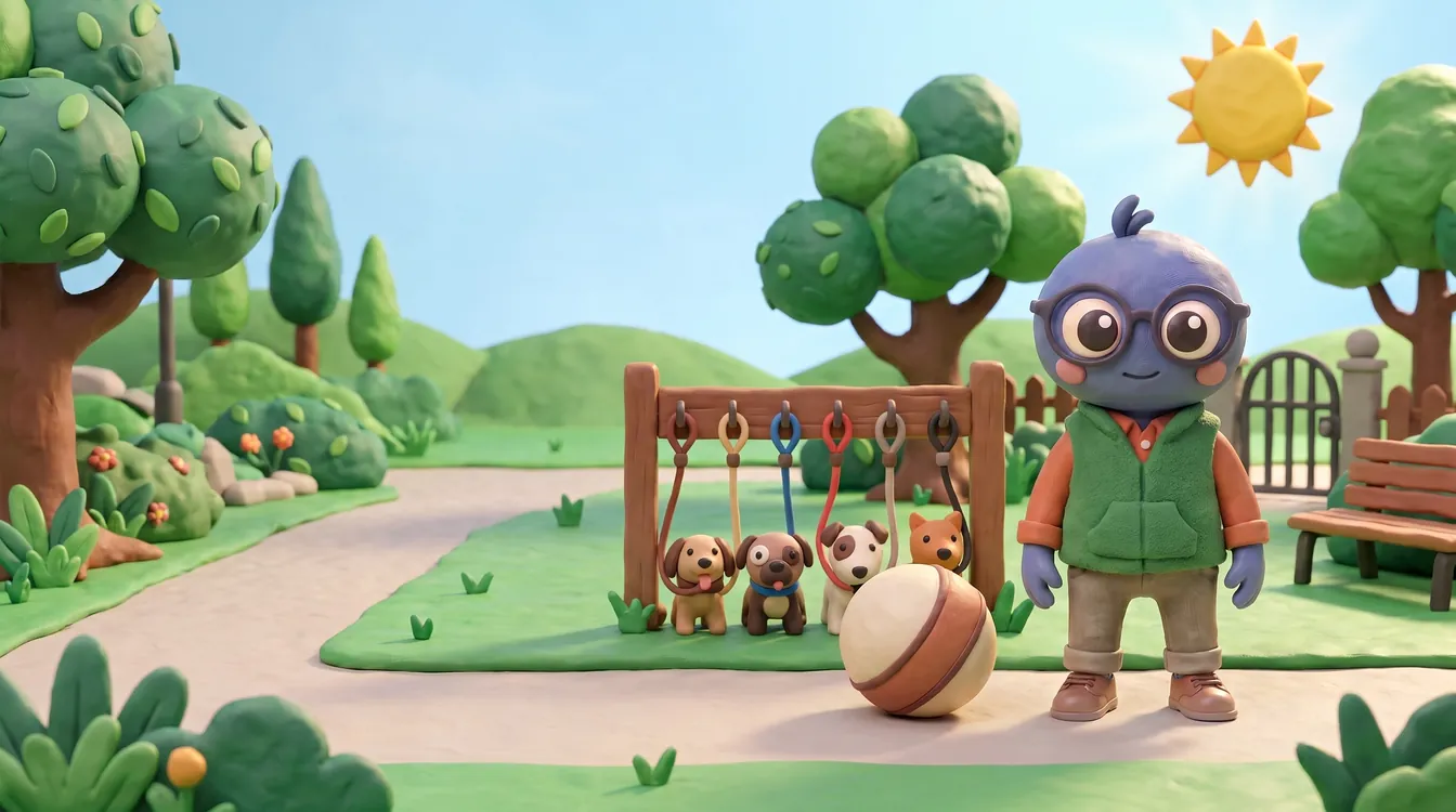 Webby standing proud in a green fleece gilet on a sunny park path, with small dogs by a lead rack, a ball, trees, a bench and a park gate.