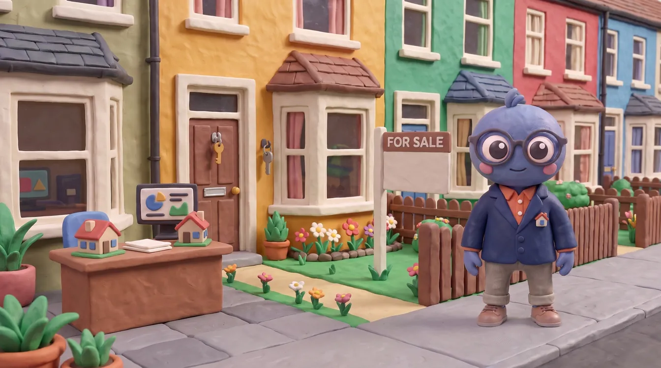 Webby standing proud in a navy blazer on a street of colourful terraced houses, with a for sale board, a front door with a key, a tidy front garden and house models on a desk.