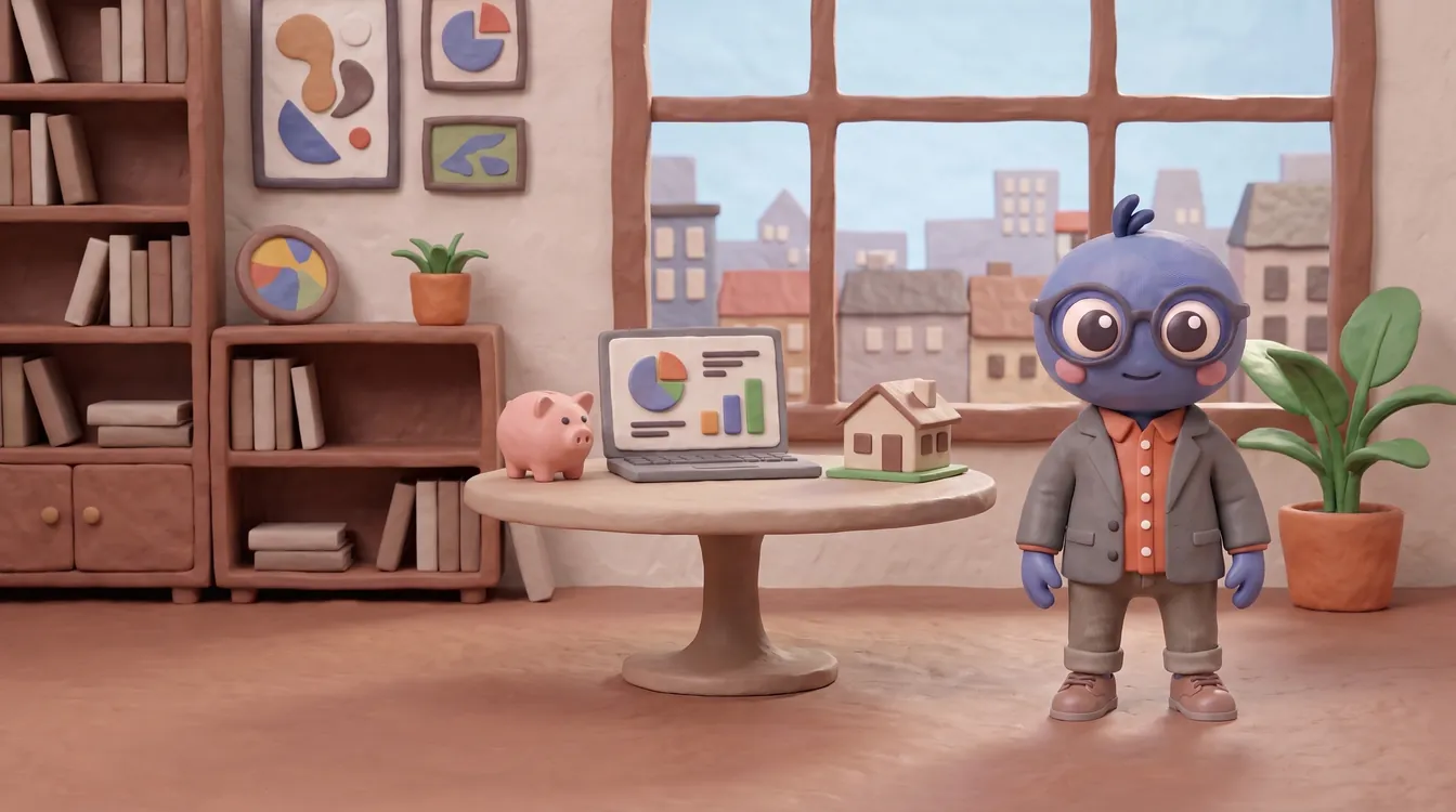 Webby standing proud in a grey jacket in a meeting room, with a round table, a laptop showing charts, a piggy bank, a model house, a plant and a window over a town skyline.