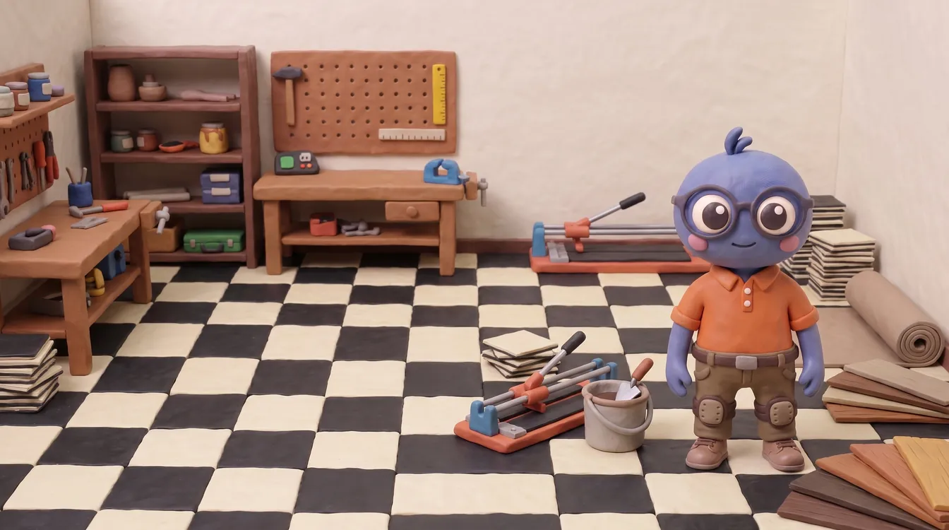 Webby standing proud in knee pads and a work polo on a half-laid chequered tile floor, with a tile cutter, a bucket and trowel, stacks of tiles and a roll of vinyl.