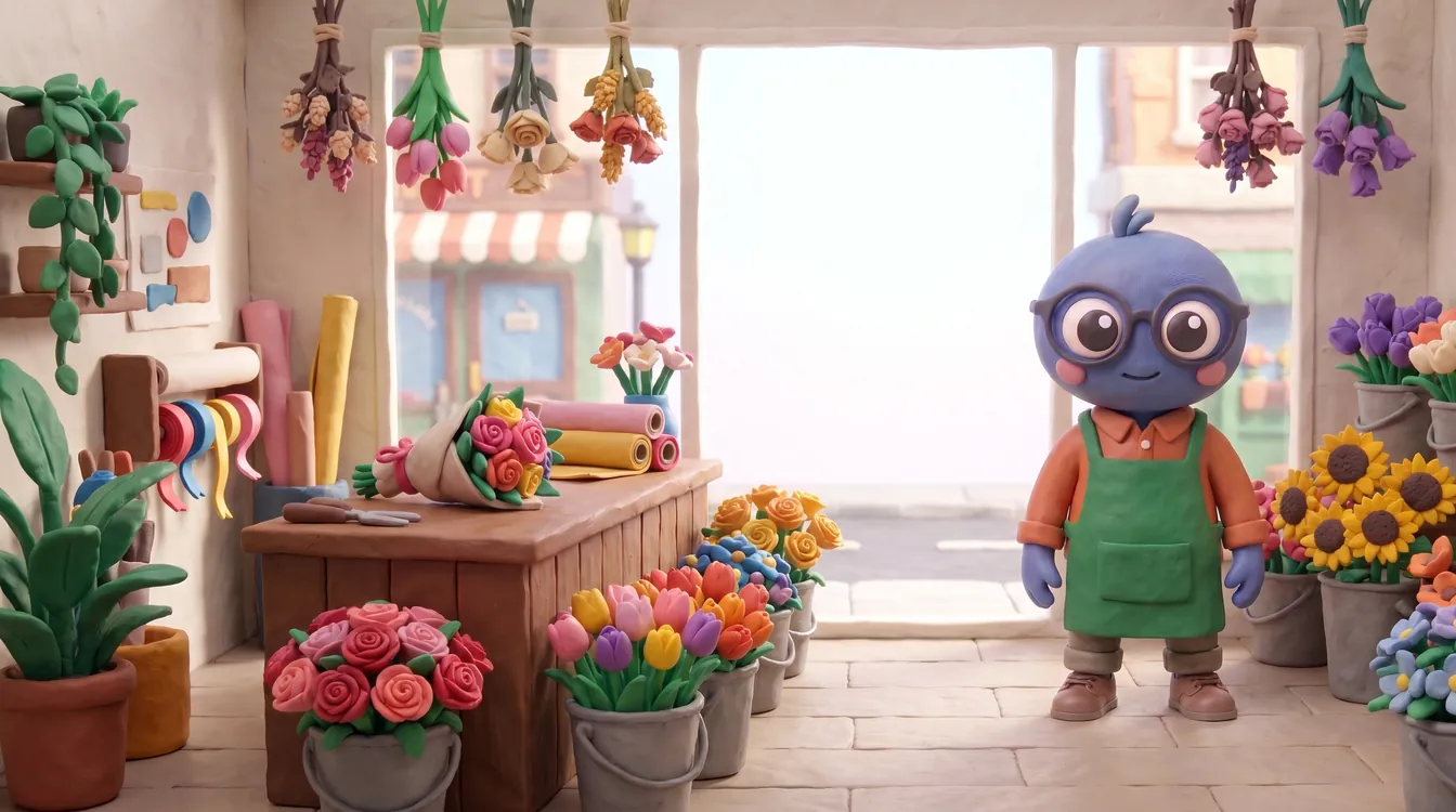 Webby standing proud in a green apron in a flower shop, with buckets of colourful flowers, a bouquet on a wooden counter, ribbon, hanging dried flowers and a bright shop window.