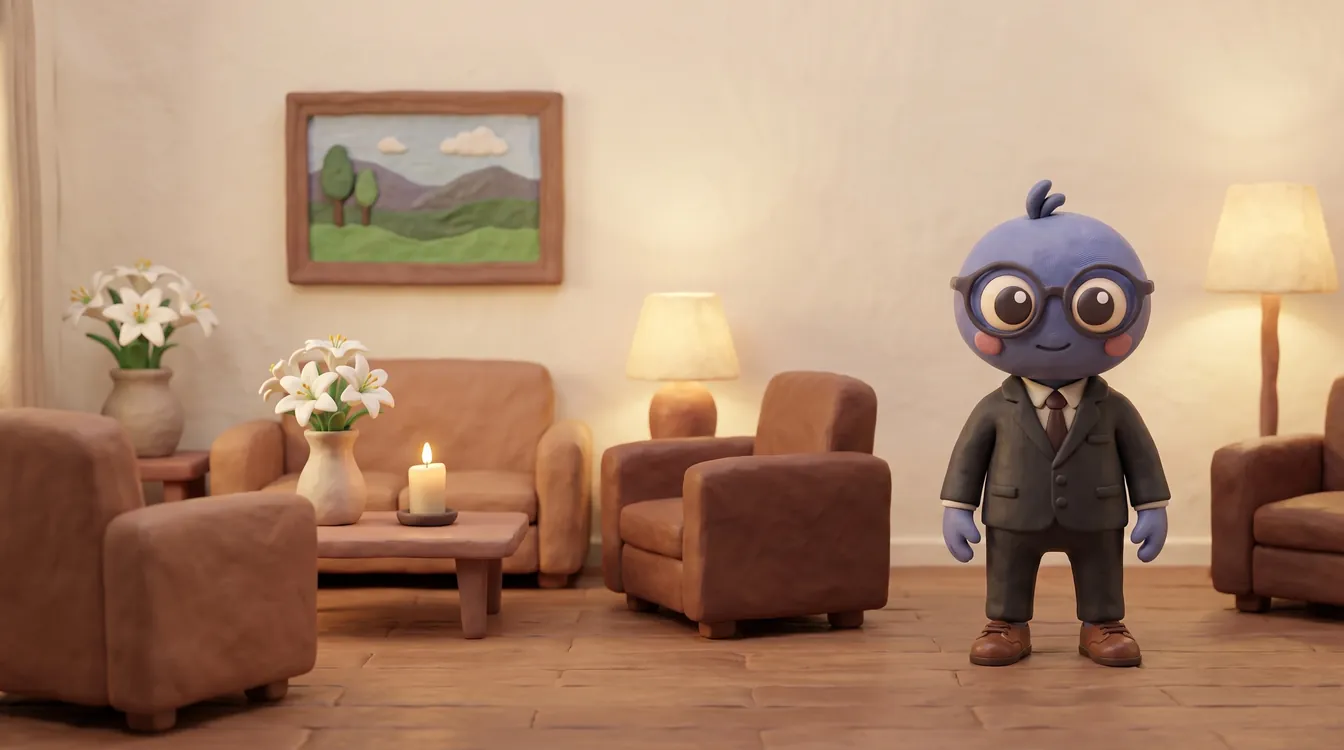 Webby standing proud in a dark suit and tie in a quiet reception room, with soft armchairs, a low table with a candle and white lilies, a landscape painting and a warm lamp.