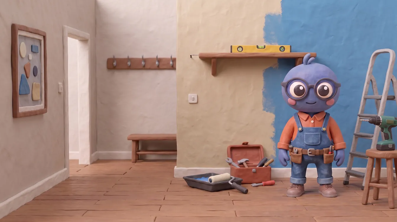 Webby standing proud in dungarees and a tool belt in a hallway being fixed, with a stepladder, a half-painted wall, a shelf with a spirit level, a toolbox and a drill.