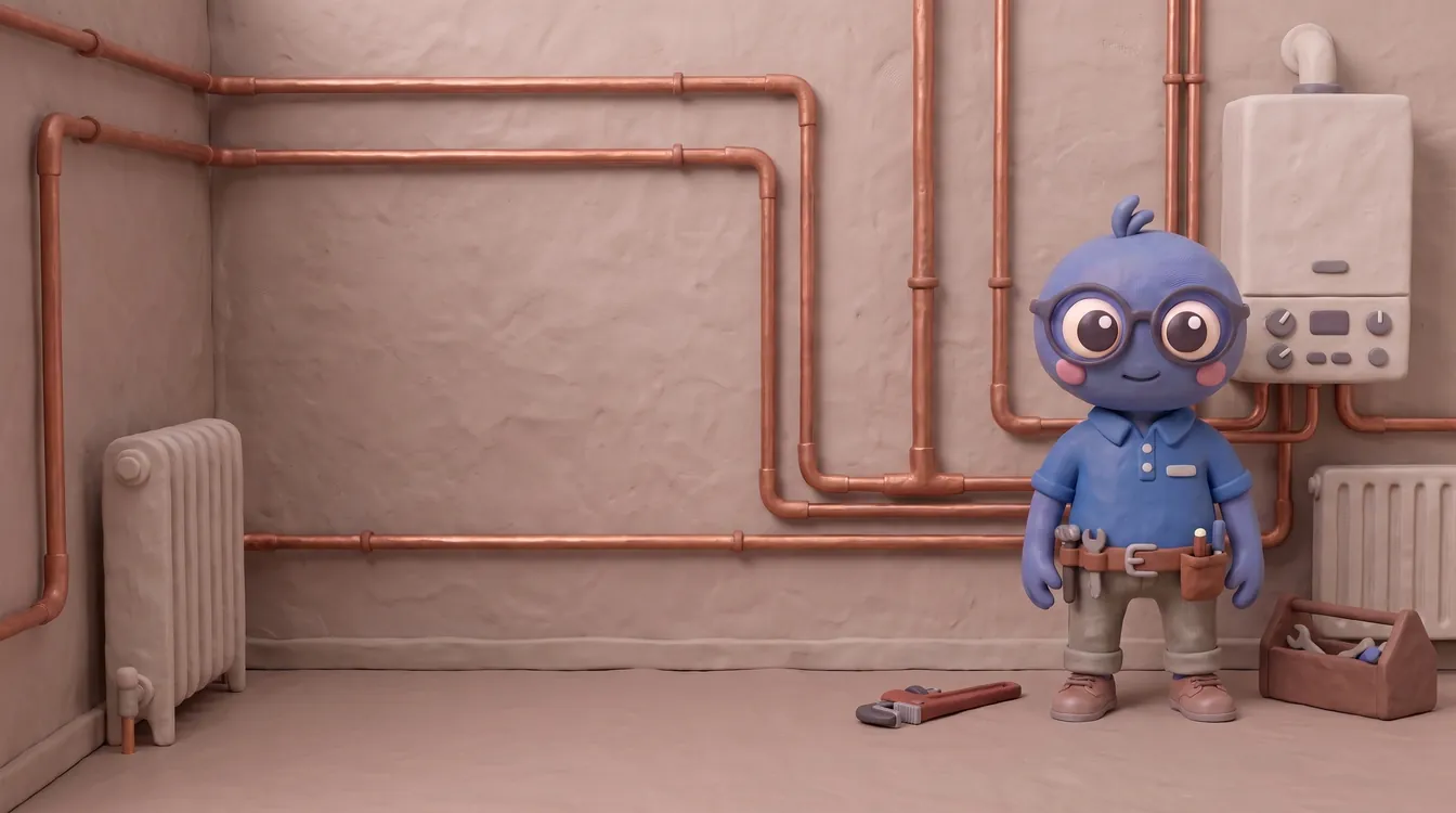 Webby standing proud in a blue work polo and tool belt in a boiler room, with a wall-mounted boiler, copper pipes, a radiator, a toolbox and a pipe wrench.