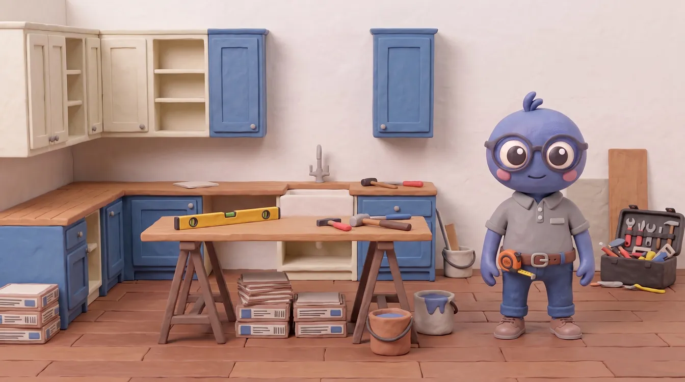 Webby standing proud in a grey work polo with a tape measure in a kitchen being fitted, with blue and cream cabinets, a worktop on trestles, a spirit level, boxes of tiles and a toolbox.