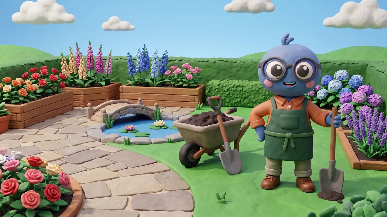 Webby standing proud in a newly landscaped garden with a stone patio, fresh turf, raised planting beds, a timber fence and a pergola.