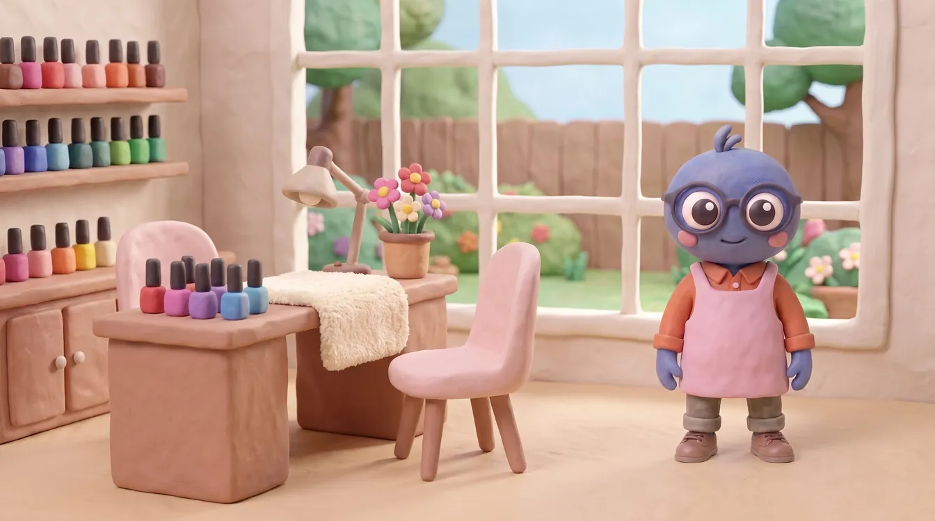 Webby standing proud in a soft pink tunic in a cosy nail studio, with a manicure table and lamp, shelves of nail polish, a pink chair, flowers and a garden window.
