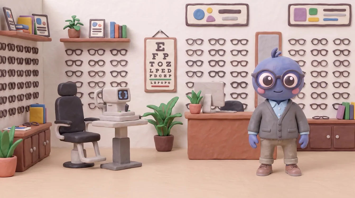 Webby standing proud in a grey cardigan in an optician's shop, with walls of spectacle frames, an eye test chair and machine, an eye chart and a reception desk.