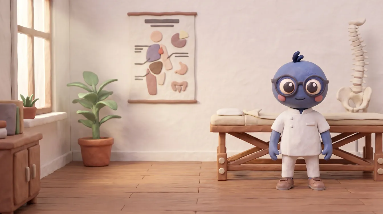 Webby standing proud in a white clinic tunic in a treatment room, with a treatment table, a spine model, an anatomy chart, a plant and soft window light.