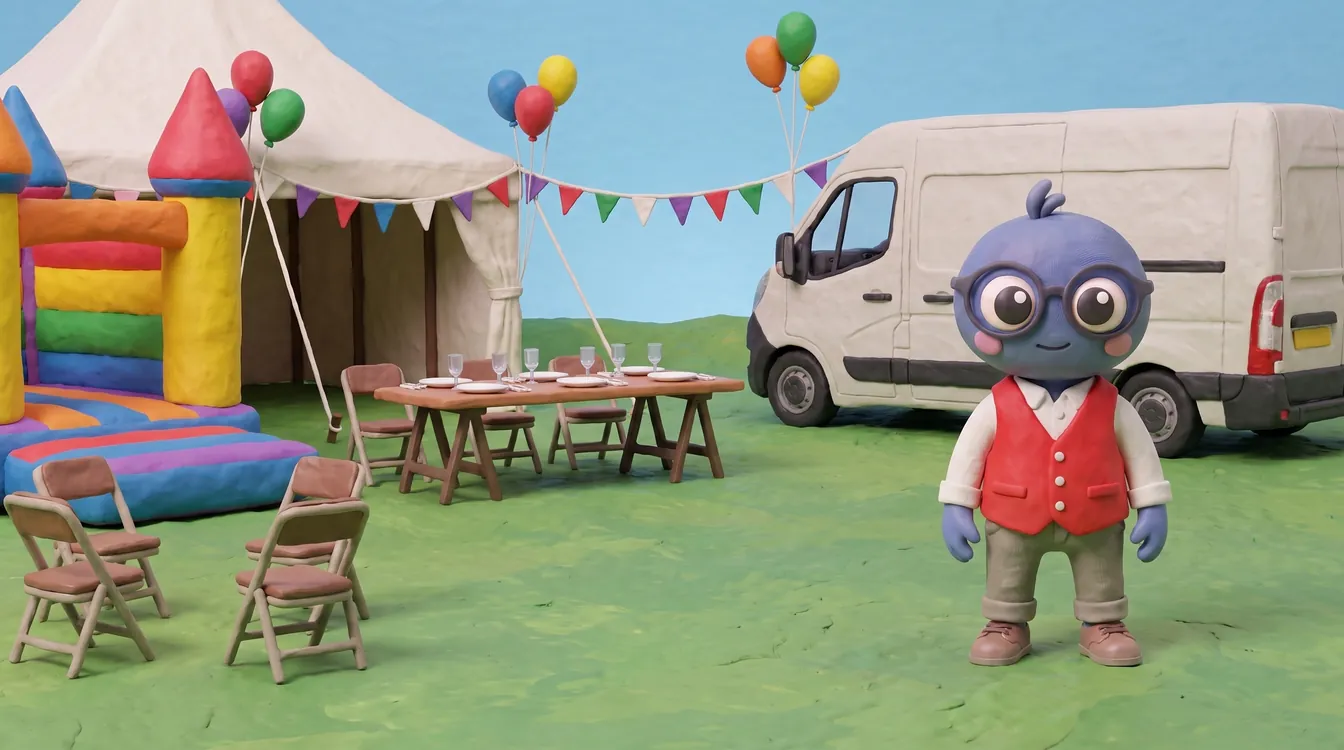 Webby standing proud in a red waistcoat on a field with a bouncy castle, a marquee, folding chairs, a trestle table, bunting, balloons and a van.
