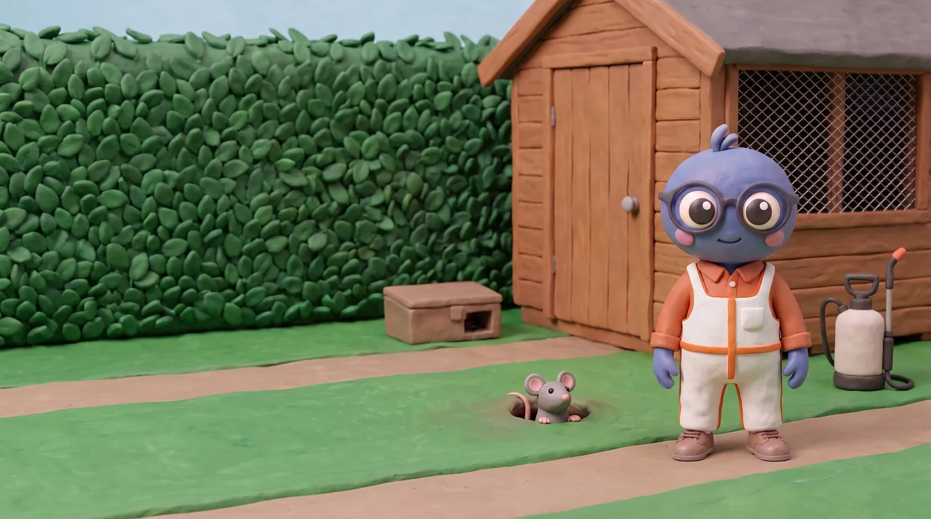 Webby standing proud in white overalls with orange trim in a garden by a wooden shed, with a bait station, a spray unit, a hedge and a small mouse peeking from a hole.