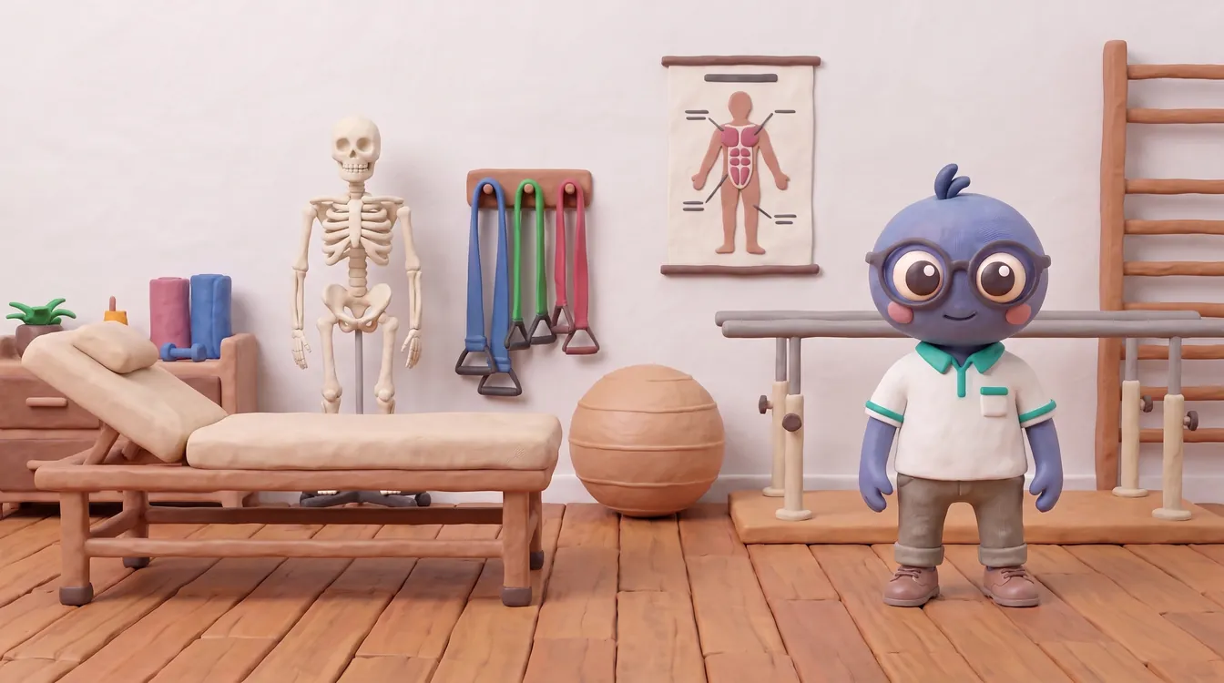 Webby standing proud in a white tunic with teal trim in a physio clinic, with a treatment couch, a skeleton model, resistance bands, an exercise ball and parallel bars.