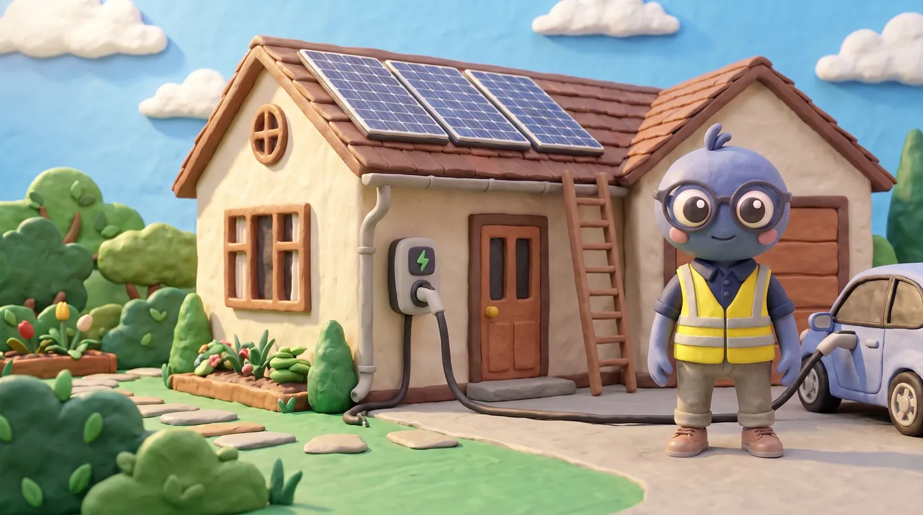 Webby standing proud in a hi-vis vest in front of a house with solar panels on the roof, an EV charger on the wall, a charging car on the drive and a ladder.