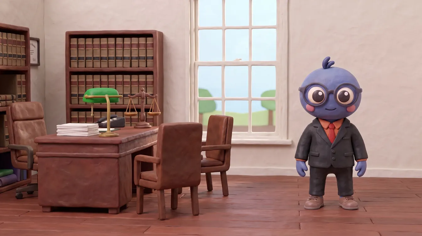 Webby standing proud in a dark suit and red tie in a solicitor's office, with a mahogany desk, a green lamp, leather chairs, shelves of law books and a set of scales.