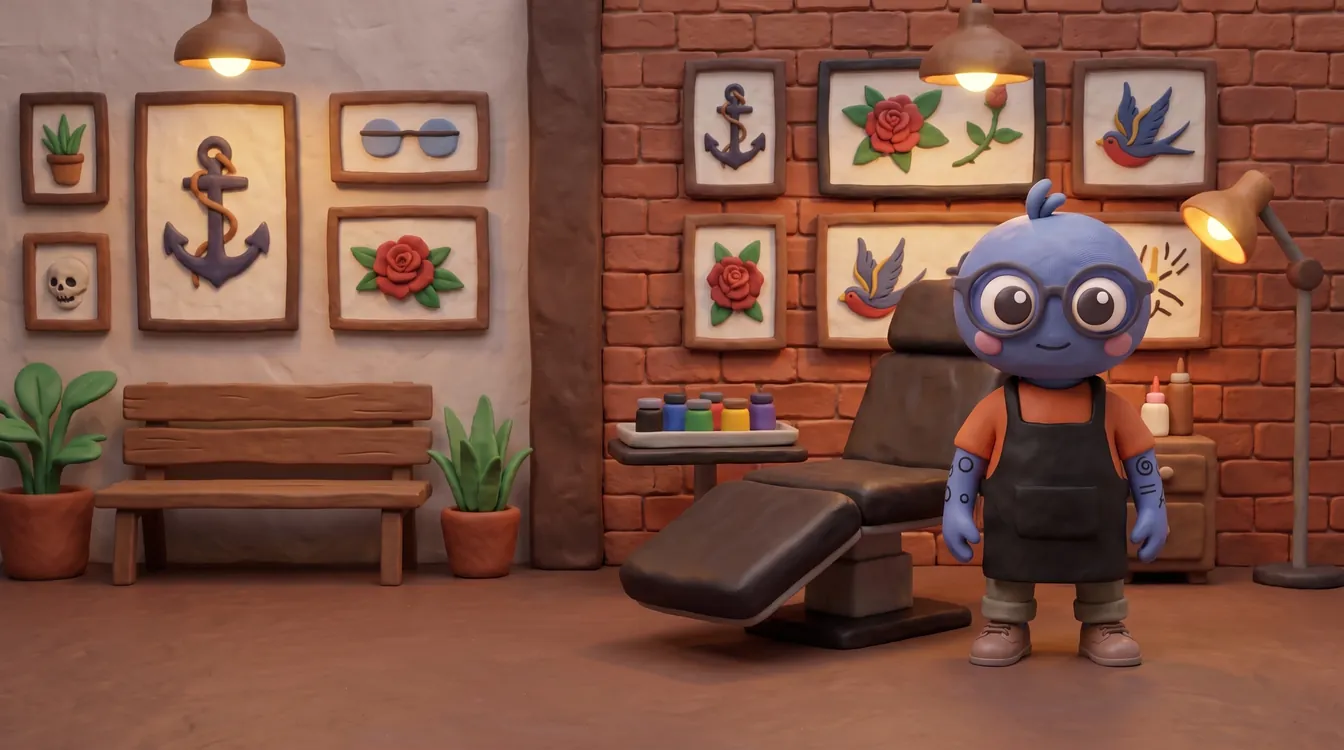 Webby standing proud in a black apron with tattooed arms in a tattoo studio, with a reclining chair, pots of ink, framed flash art of anchors, roses and birds, and a brick wall.