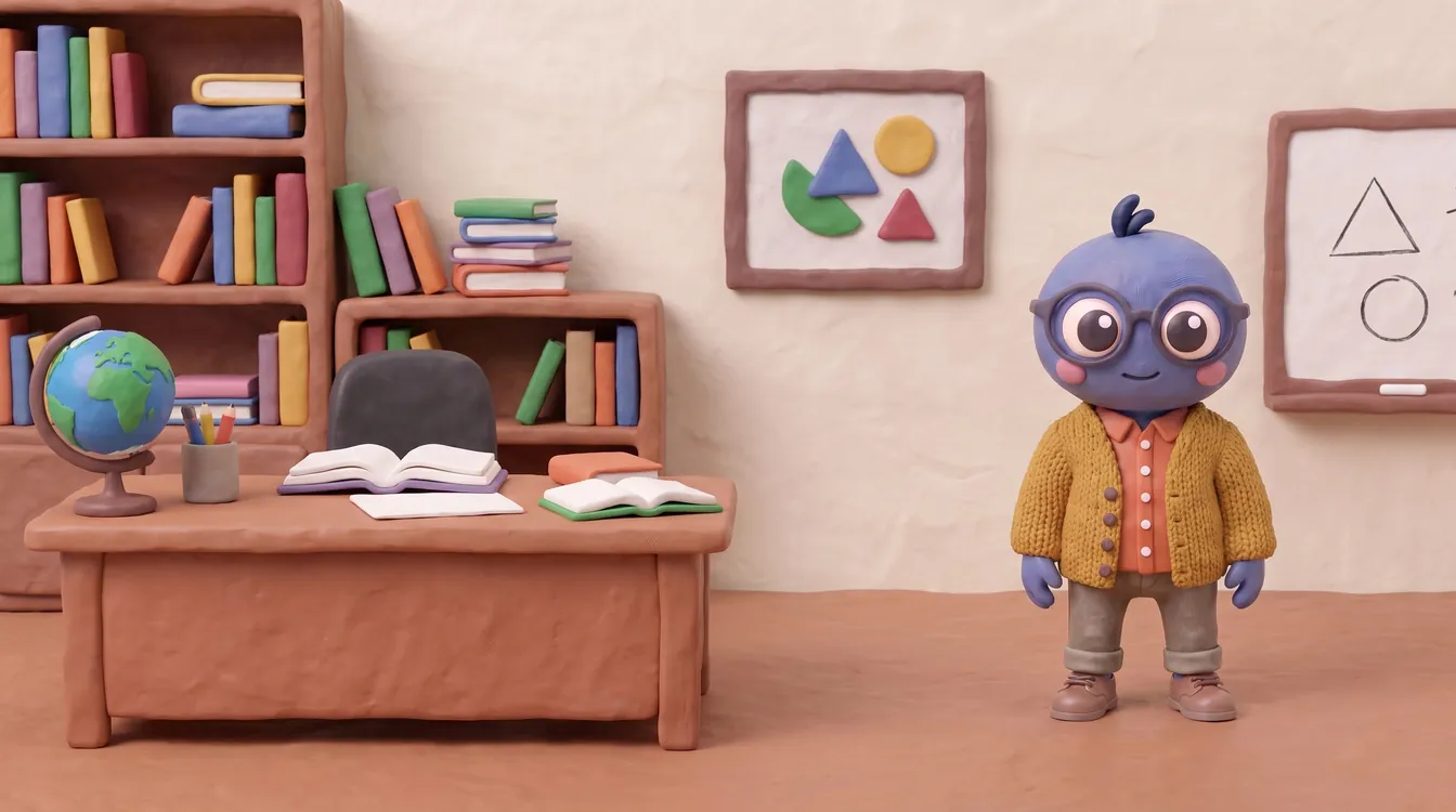Webby standing proud in a mustard cardigan in a tutor's study, with a desk of open books, a globe, shelves of books and a small whiteboard with simple shapes.