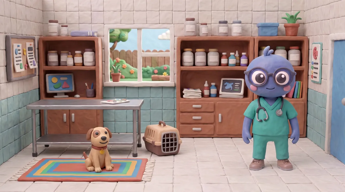 Webby standing proud in teal scrubs with a stethoscope in a vet's consulting room, with a steel examination table, a small dog on a rug, a cat carrier and shelves of jars.