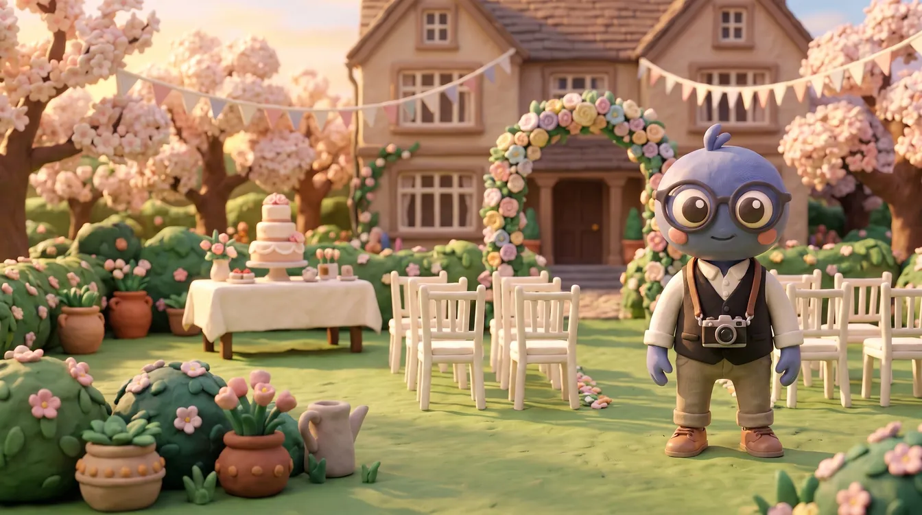 Webby standing proud in a black waistcoat with a camera round his neck in a sunny wedding garden, with a flower arch, white chairs, a cake table, bunting and a manor house behind blossom trees.