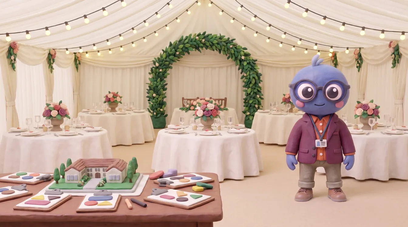 Webby standing proud in a plum blazer and lanyard in a wedding marquee, with round tables and flower centrepieces, fairy lights, a greenery arch and a venue model on a planning table.