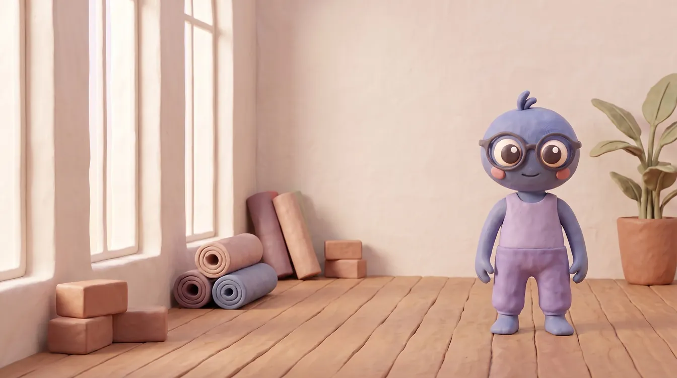 Webby standing proud in a lilac top and loose trousers in a bright yoga studio, with rolled mats, yoga blocks, a large plant and tall windows.